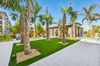 A row of palm trees are planted in a garden.